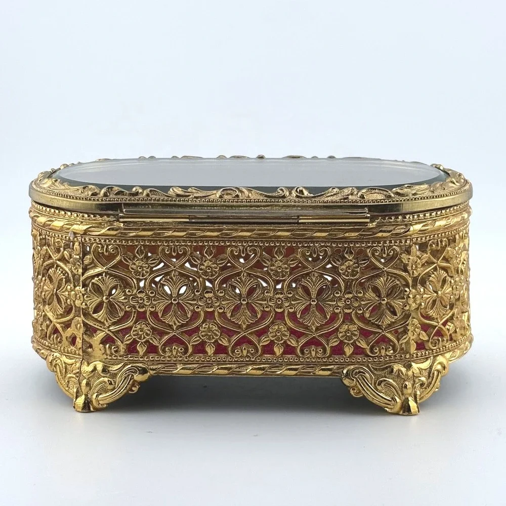 Vintage Mele Gold Filigree Casket Jewelry Box Beveled Glass  Japan